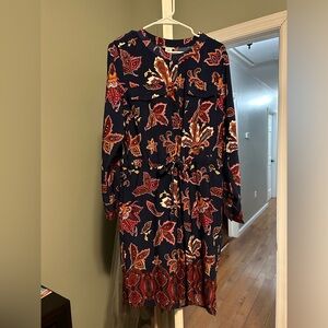 Liz Claiborne Patterned Navy Long Sleeve Button Front Drawstring Waist Dress* L